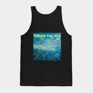 under the sea,blue sea,sea creatures,Turtle, puffer fish, starfish, shrimp, shark, tropical fish, sea horse, seaweed, sardines, squid, crabs, clams Tank Top